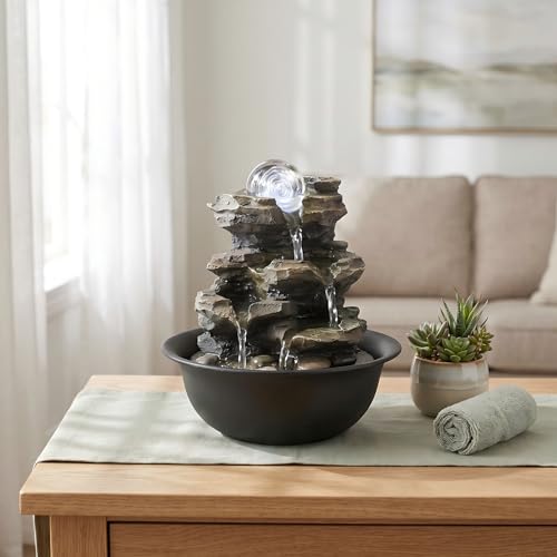 8.3” H Indoor Zen Tabletop Water Fountain, Rock Cascading Waterfall with Spinning Crystal Ball & LED Light for Home Office Decor - color: 8.3"_1