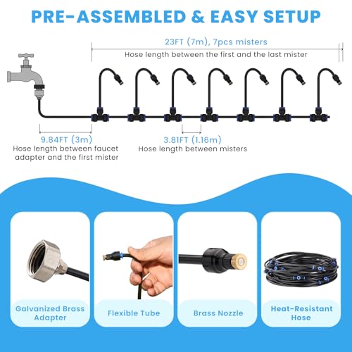 Adjustable Misting System, 360° Flexible Brass Nozzles, 32FT | Pre-assembled Mister Hose for Patio Cooling, Garden Irrigation, Greenhouse Watering, Pet Chicken Coop Cooling - size: 32FT / 10M