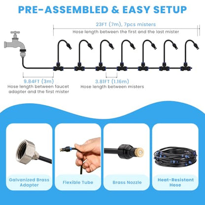 Adjustable Misting System, 360° Flexible Brass Nozzles, 32FT | Pre-assembled Mister Hose for Patio Cooling, Garden Irrigation, Greenhouse Watering, Pet Chicken Coop Cooling - size: 32FT / 10M