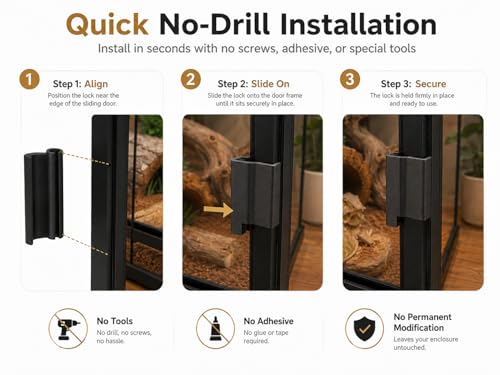 Reptile Enclosure Door Lock Compatible with Dubia Reptile Enclosures | Escape-resistant security clips; locks sliding glass doors; helps secure habitats for snakes, lizards, and geckos