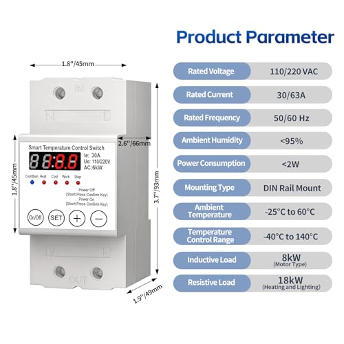 Smart Temperature Controller,63A 110/220V Digital Thermostat,LED Display,Heating and Cooling Control Timer,-40℉to 284℉,for Greenhouse,Reptile Incubator,Homebrew
