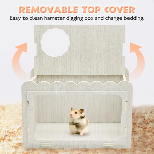 Fhiny Hamster Hideout Wooden Chamber with Climbing Ladder, Visible Hamster Digging Box with Acrylic Transparent Board Gerbil Platform Exploring House Habitat Decor for Dwarf Hamsters Gerbils Mice - size: 1-Chamber Digging Box with Ladder