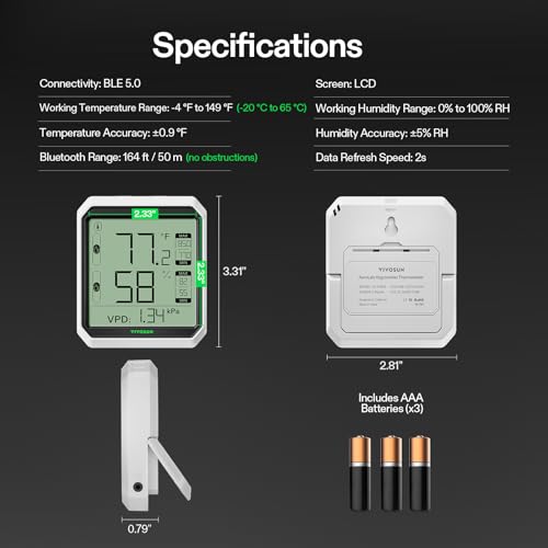 VIVOSUN Digital Hygrometer Thermometer Indoor, Humidity Meter, App Control | Wireless Bluetooth, Indoor, VPD, Data Storage, Dual Channels with Sensor Probe, Battery Included - style: Thermometer