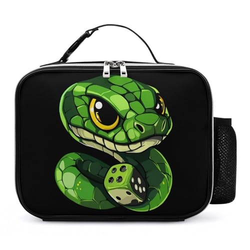 Snake with Dice Insulated Lunch Bag PU 27x21x9cm | Makeup Storage Tote with Removable Handle and Mesh Side Pocket for Women Men Work Picnic Travel