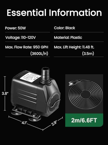 GROWNEER 950GPH Submersible Pump 50W Ultra Quiet Fountain Water Pump 3600L/H, with 9.8ft High Lift, 4 Nozzles for Aquarium, Fish Tank, Pond, Hydroponics, Statuary, Garden, Black (950GPH) - size: 950GPH
