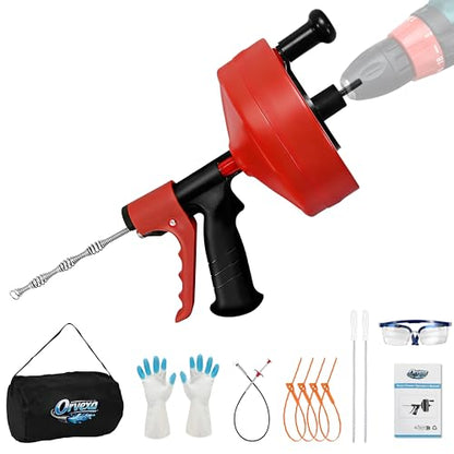 Drain Snake 35 Ft with Drill Attachment, Auto Feed 1/4 Inch Plumbing Snake for Sink, Shower & Tub Clogs, Manual or Drill-Powered Drain Auger, with Gloves, Safety Glasses & Storage Bag - color: 35FT