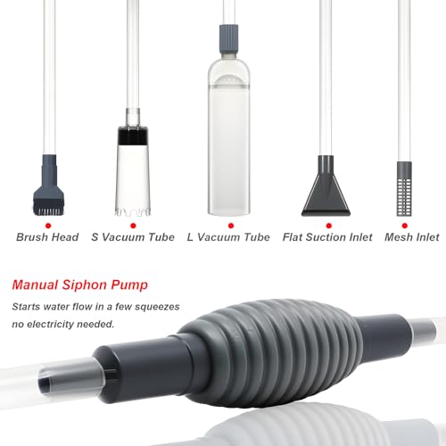 Aquarium Siphon Vacuum Kit with Turkey Baster, Fish Net for Tank Cleaning | Dual Vacuum Tubes; Brush Head; Gravel & Sand Cleaning; Water Change; Debris Removal; Flow Control Valve