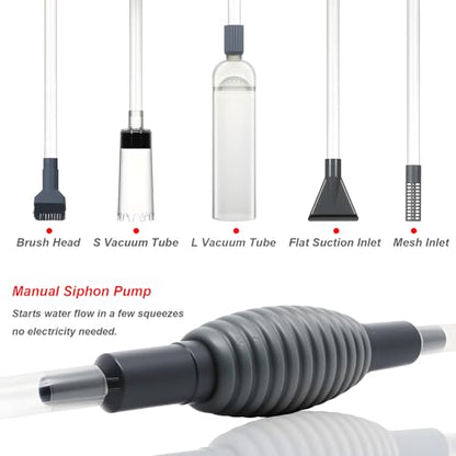 Aquarium Siphon Vacuum Kit with Turkey Baster, Fish Net for Tank Cleaning | Dual Vacuum Tubes; Brush Head; Gravel & Sand Cleaning; Water Change; Debris Removal; Flow Control Valve