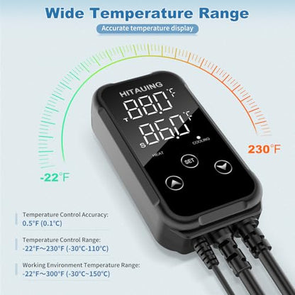 HiTauing Digital Temperature Controller, Aquarium Heater Reptile Thermostat Heating and Cooling Dual Outlet with Seawater-Resistant Probe for Fish Tanks, Reptile Tanks, Greenhouse & Seedling Mat