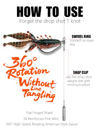 40-Pack Swivel Drop Shot Hooks, Weedless Wide Gap Quick Clip Hooks, Premium Carbon Steel Sharp Anti-Twist Rust-Proof Fishing Hooks, Easy Rigging for Bass Senko Worms Wacky Finesse Fishing - size: EWG 2/0