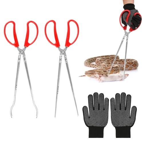 15 Inch Snake Feeding Tongs, 2 PCS Stainless Steel Reptile Feeding Tongs | Extra Long Large Reptile Feeding Tweezers for Bearded Dragon Ball Python Tank Accessories Terrarium Supplies with Gloves