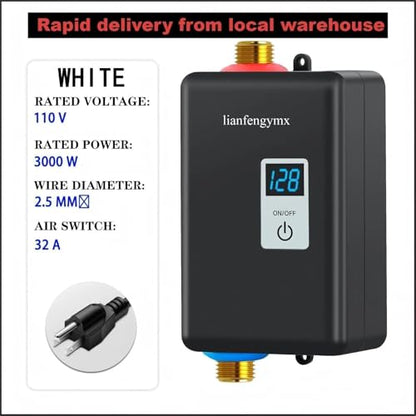 3000W Tankless Water Heater 110V, Electric Instant Hot Water Heater Under Sink, Vertical Mount Only with 304 Stainless Steel Fittings - color: Black