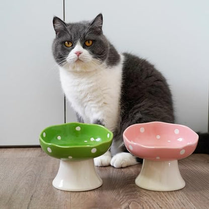Green Mushroom Cat Bowl, Elevated Ceramic Bowl for Cats | Elevated, Ceramic, Whisker Friendly, Wide Opening, Anti Vomiting - color: Green