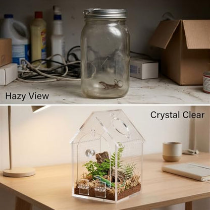 Transparent Acrylic Small Animal Breeding Box, House Shaped Reptile Feeding Enclosure, Front Opening, Locking Latch, Waterproof, for Jumping Spider Terrarium, Small Lizards, Beetle