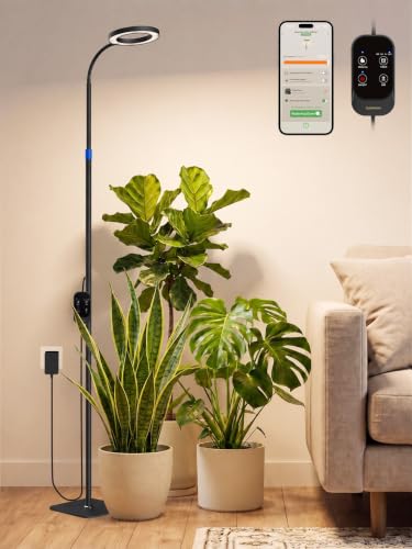 GLOWRIUM Smart Grow Lights for Indoor Plants, Full Spectrum LED Floor Light | 54"-67" Telescopic Adjustable Height Grow Light with App & Manual Control, 1%-100% Dimming,3/9/12h Timer for Tall Houseplants - color: Black-smart Single Head