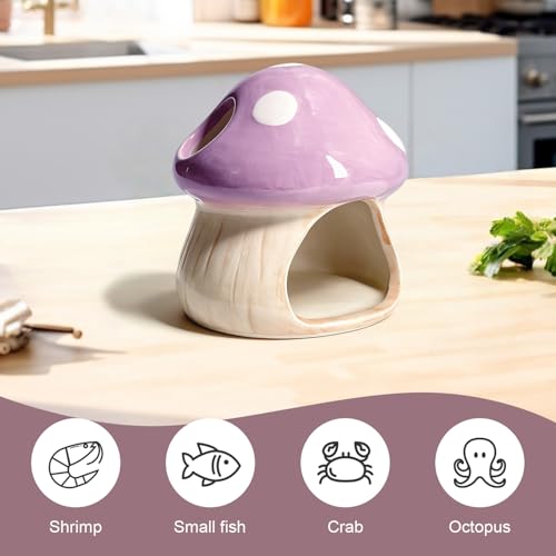 Betta Fish Tank Accessories, 4.33'' × 4.33'' Ceramic Mushroom House Aquarium Decor - Cute Purple Hideout Cave Ornament for Small Fish, Shrimp, Goldfish, Hamsters & Reptiles (Purple)