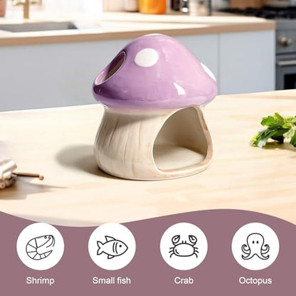Betta Fish Tank Accessories, 4.33'' × 4.33'' Ceramic Mushroom House Aquarium Decor - Cute Purple Hideout Cave Ornament for Small Fish, Shrimp, Goldfish, Hamsters & Reptiles (Purple)