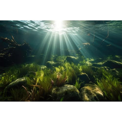 Underwater Aquarium Background Under The Sea Aquatic Grass with Sunbeams Terrarium Background Underwater Rocks with Moss Fish Tank Background Tranquil Natural Underwater Seascape Backdrop 24x12in - color: Oecan Dark Green, size: 24(W)x12(H)in