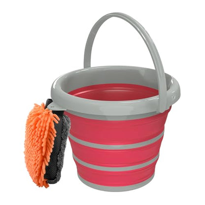 Collapsible Wash Bucket with Microfiber Mitt, 10L (2.6 Gallon) Portable Collapsiblle Bucket with Handle for Car Wash Household Cleaning, Multiuse Collapsibles Water Bucket and Car wash mitt - Pink - color: Pink