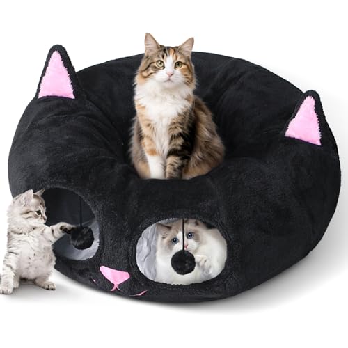 Baseola Fuzzy Cat Tunnel Bed for Indoor Cats, 2-in-1 Interactive Cat Toys | Peekaboo Cat Cave with Washable Mat, Collapsible Cat Play Tunnel for Kittens & Small Pets, Cat Donut Bed Tunnel, Black Pink - color: Black Pink