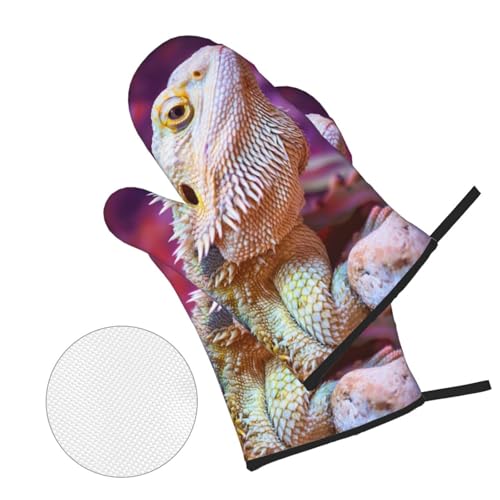 Bearded Dragon Lizards Animal Reptile Camouflage Heat Resistant Oven Mitts and Pot Holders Set of 4-500°f Protection Utensil Pocket for Grilling, Baking, Cooking