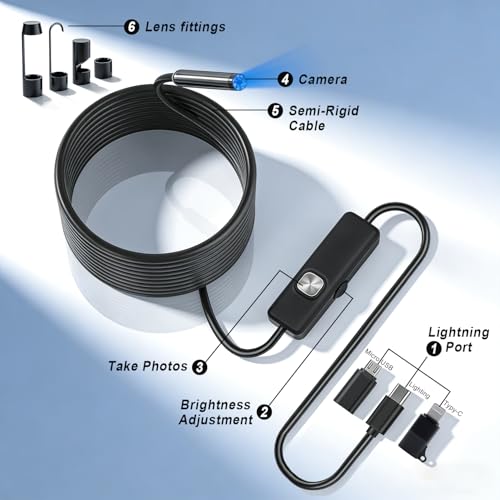 Endoscope Camera with Light, 1920P HD Borescope Tools with 8 Adjustable LED Lights, Endoscope with Semi-Rigid Snake Camera, Inspection Borescope for iOS and Android 16.4ft Single Lens - size: Single lens 16.4ft