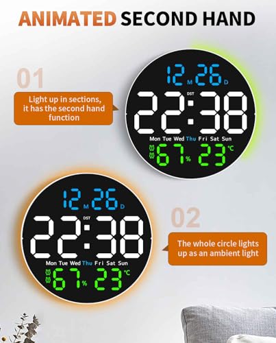 10 Inch Large Digital Wall Clock with 9 Color Changing Remote Control, Date Week Temperature, Auto Brightness Dimmer Clock Night Lights,Blue+Green - color: Blue+green