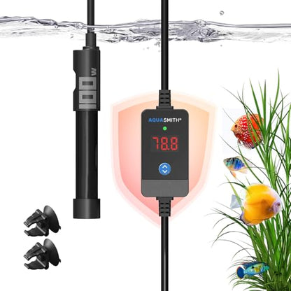 AQUASMITH 100W Aquarium Heater Precise Control Fast Heat Auto Off Anti Dry Burn 4-9Gal Tank | External LED precise temp control, fully submersible installation, explosion-proof tube for fresh & salt water - size: S