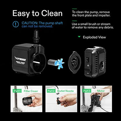 VIVOSUN 2-pack 210GPH Submersible Fountain Water Pump for Pond, Aquarium | 800L/H, 8W, Ultra Quiet Water Pump with 3.3ft High Lift and 5ft Power Cord, 2 Nozzles for Fish Tank, Hydroponics, Black - size: 6"×5"-210-2-pack
