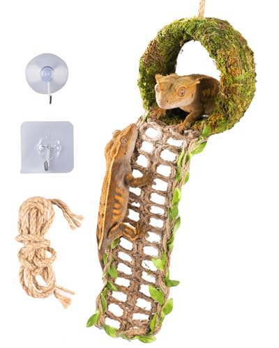 Crested Gecko Hide, Hanging Moss-Style Reptile Hideout with Rope Ladder, Crested Gecko Tank Accessories for Vertical Terrariums, 16 in Crested Gecko Decor & Gecko Tank Accessories