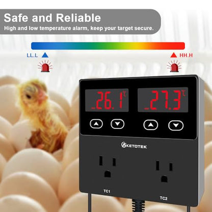 KETOTEK KT99pro Dual Digital Temperature Controller Outlet 10A Relay | Heating Coolling Thermostat Controlled Socket with Sensor for Reptile Brewing Fermentation Breeding Incubation Greenhouse