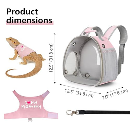Bearded Dragon Carrier Backpack with Security Printing Harness Set, Reptile Lizard Travel Carrier (Pink, Mommy Harness) - color: Pink