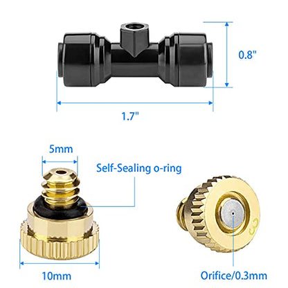 Brass Mister Nozzles 20 Pack with Misting Nozzle Tees & End Plugs | 20 Pack Misting Nozzle Tees, 2 Pack End Plugs, Outdoor Cooling System, Patio Misting System - size: 20 Brass Nozzles+20 Nozzle Tees+2 End Plugs