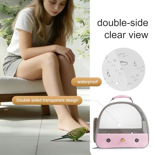 Bird Carrier, Portable Small Bird Parrot Parakeet Carrier with Standing Perch and Mat, Side Access Window Collapsible (Pink, Clear Windows) - color: Pink