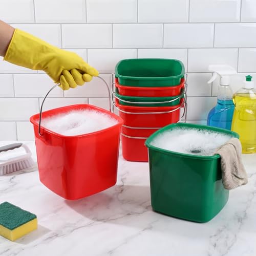 Zhehao 6 Pcs 3 Quart Bucket for Cleaning Small Sanitizer Bucket for Restaurant Square Plastic Pail with Handles for Home, Offices, Commercial Use, Food Service (Red,Green) - color: Red,green