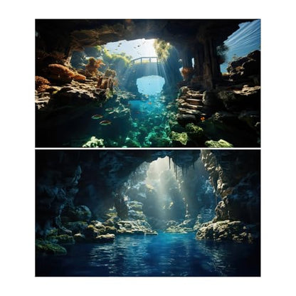 2 Packs Under The Sea Aquarium Background Underwater Rock Bridge Jungle Cave Landscape Fish Tank Background Blue Water Sunbeams Fantasy Rocks Moss Sunrays Aquarium Fish Tank Backgrounds 24x12in - color: Dark_Blue, size: 24(W)x12(H)inches/ 60(W)*30cm(H)