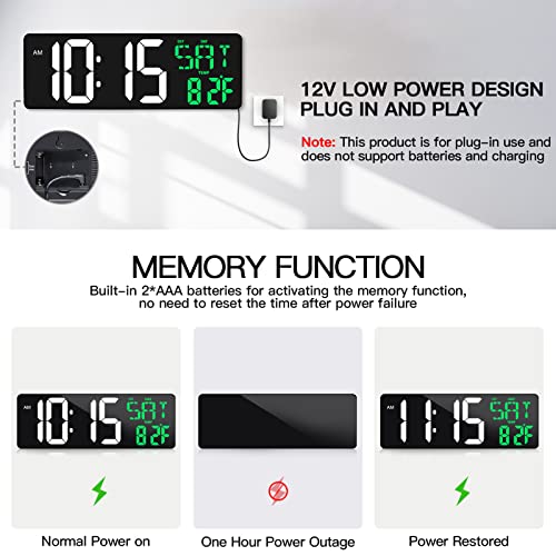 17" Large Digital Wall Clock with Remote, Auto Dimmer, Date Temp, Timer | Large clear display, Snooze function, Count up and down timer, Suitable for Living Room, Office, Gym Indoor Spaces - color: Green + White