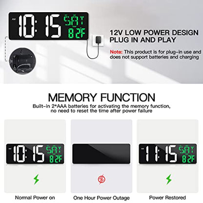 17" Large Digital Wall Clock with Remote, Auto Dimmer, Date Temp, Timer | Large clear display, Snooze function, Count up and down timer, Suitable for Living Room, Office, Gym Indoor Spaces - color: Green + White