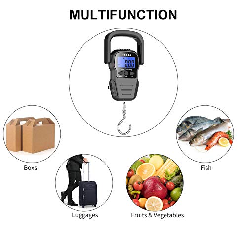 HEETA Fish Scale Digital Fishing Luggage Weight Scale with Measuring Tape | Up 110lb/50kg Portable Hanging Scale with Backlit LCD Display for Home Farm Outdoor Hunting Fishing, 2 AAA Batteries Included - color: Black