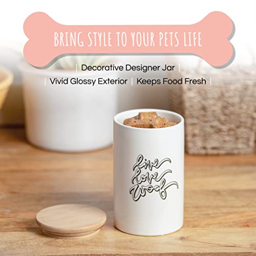 Ceramic Pet Treat Jar with Airtight Lid for Dogs, Cats, Puppies and More, Chic Kitchen Countertop Container for Cookies, Biscuits and Treats (Descript, Live Love Woof, 1 Qt)
