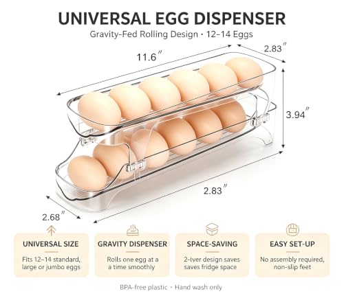 Gagee Clear Egg Holder for Fridge, 2 Layer | Auto Rolling, Space Saving Container, Dispenser Egg Roller, Refrigerator Storage Organizer