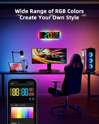 EASYERA Smart Digital Wall Clock App Control, 16.5” Large RGB Clock | DIY Color, LED Display, Auto DST, Plug-In, Music Sync | Classroom Home Gym Gaming