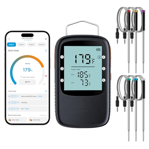 Govee Bluetooth Meat Thermometer Digital with Smart App Timer and Alerts | 6 Probes, 230ft Bluetooth Range, Smart LCD Backlight, Free Data Storage, Grill Thermometer for Cooking Turkey, Beef, Fish