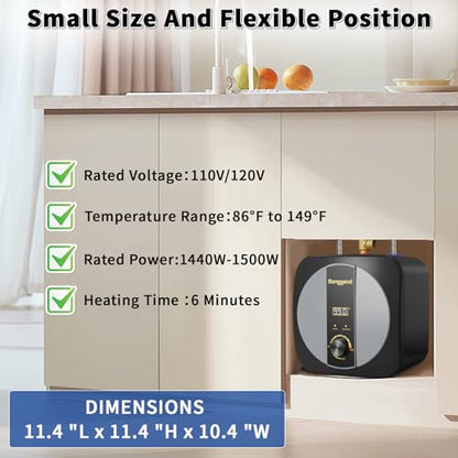 2.5 Gallon Electric Water Heater, 1500W 110V Mini Tank Under Sink Instant Hot Water Heater with Pressure Release Valve, Digital Display for Kitchen, RV, Laundry,Food Truck - color: Gloss Black