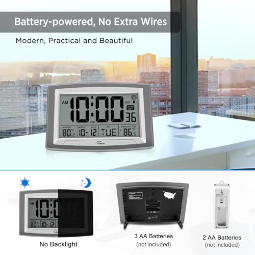 Atomic Clock 12.5 Inch Self-Setting Digital Wall Clock | Indoor/Outdoor Temperature, Battery Operated Wall Clocks or Desk Clocks, Large Display for Classroom, Garage, Office - size: 12.5 INCH