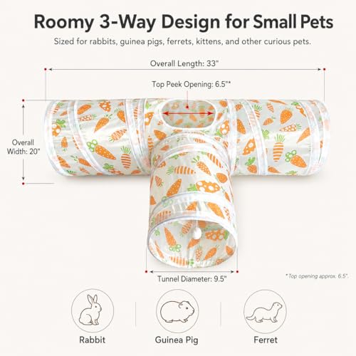 Rabbit Tunnel Toy, Collapsible 3-Way Hideout Tunnel with Chew Toys for Rabbits, Guinea Pigs, Ferrets, Kittens & Small Pets - Orange & White Carrot Design (33"x20"x9.5") - color: Orange