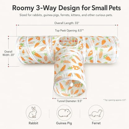Rabbit Tunnel Toy, Collapsible 3-Way Hideout Tunnel with Chew Toys for Rabbits, Guinea Pigs, Ferrets, Kittens & Small Pets - Orange & White Carrot Design (33"x20"x9.5") - color: Orange