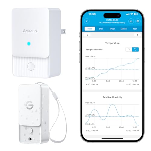 GoveeLife Outdoor Indoor Wi-Fi Gateway Thermo-Hygrometer Wireless, 1 Pack | IP65 Waterproof Temperature Humidity Sensor with Remote APP Alert, 1312ft Connection Range, for Home, Greenhouse, Patio - style: LoRa Gateway + 1 Sensors