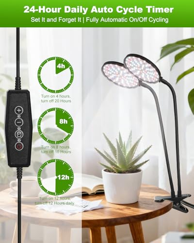 Clip On Grow Lights for Indoor Plants, High PAR & PPFD Full Spectrum Plant Light with Auto On/Off Timer, 5 Dimmable Levels, Flexible Gooseneck LED Grow Lamp for Indoor Growing - size: 4.8-inch Dual Head
