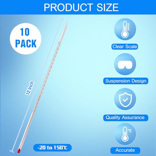 Relaxweex 10 Pcs General Purpose Lab Thermometer 12 Inch Total Immersion Glass Liquid -20 to 150℃ Liquid in Glass Thermometer for Laboratories, Universities, Food and Beverage Processing, Clear - color: Clear